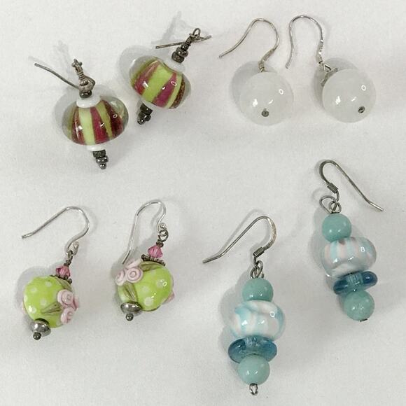 Vintage Lampwork Rose 925 Sterling Art Glass Quartz Beaded Drop Earring Sets Lot - Picture 1 of 16